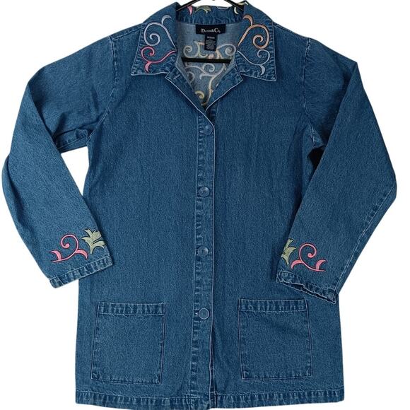 Denim & Co. Vintage Denim Shirt Chore Womens Medium Blue Floral Embroidered Y2K - Picture 2 of 11